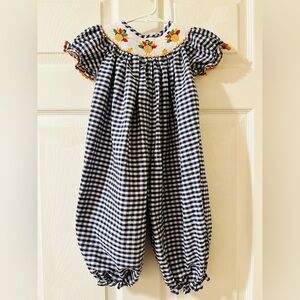 Navy gingham smocked toddler TURKEY jumpsuit, perfect for holiday festivities!